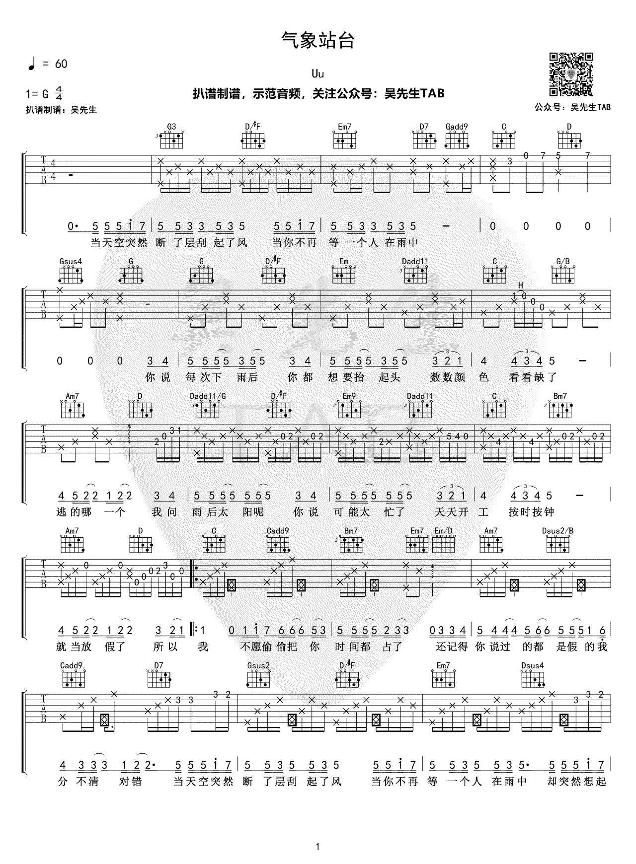 气象站台吉他谱,赵晔viy歌曲,简单指弹教学简谱,吴先生TAB六线谱图片