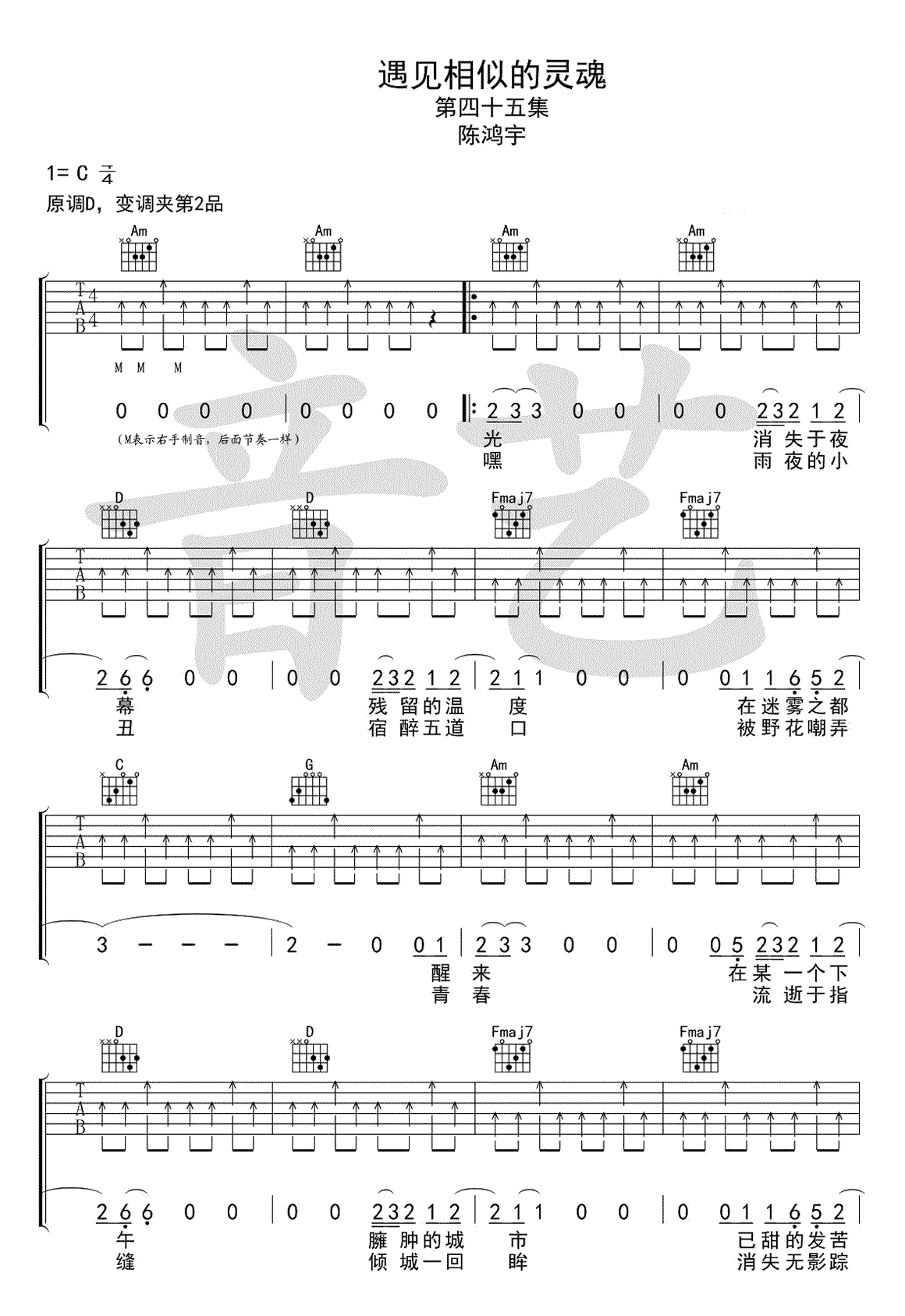 《遇见相似的灵魂吉他谱》_代鑫、陈鸿宇_陈鸿宇_C调六线谱标准版_C调 图二