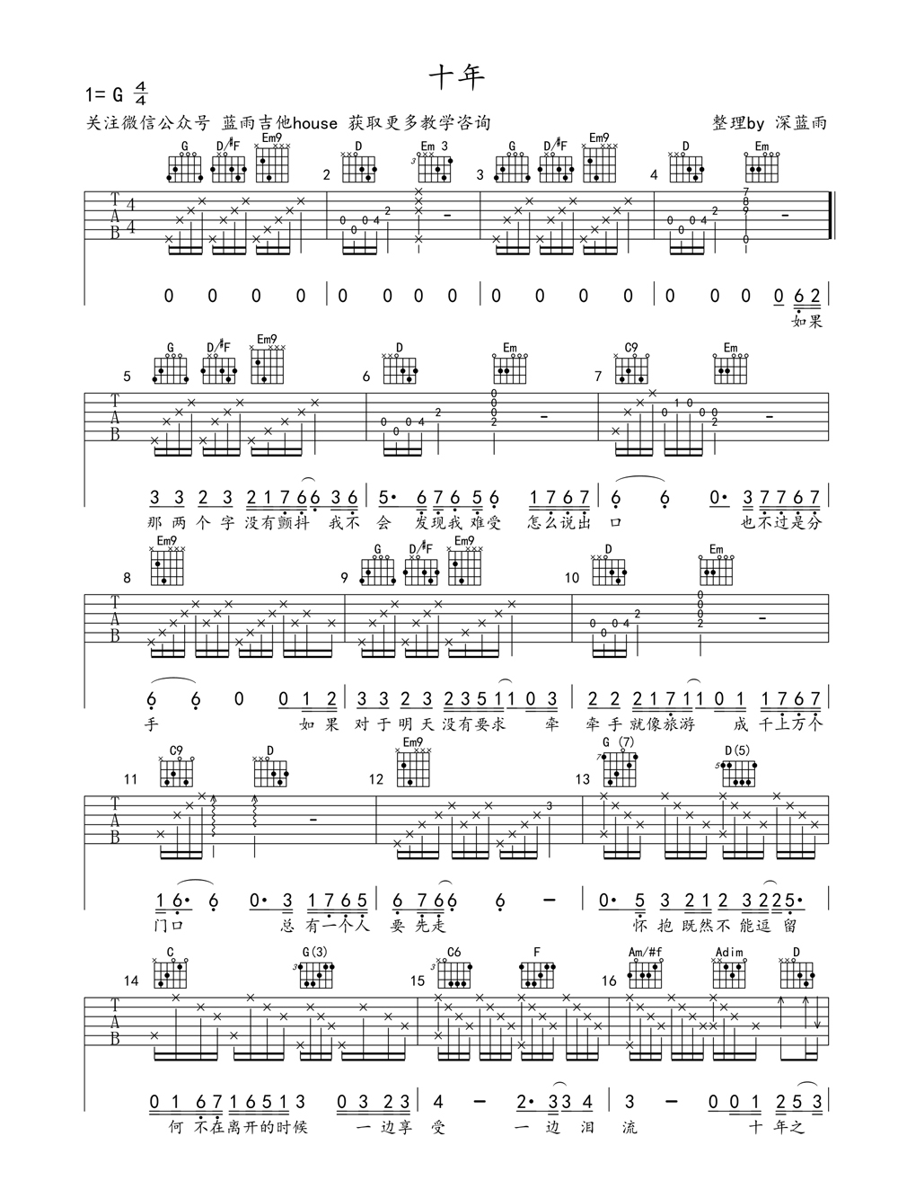 《十年 陈奕迅 G调深蓝雨吉他弹唱版吉他谱》_群星_G调 图一